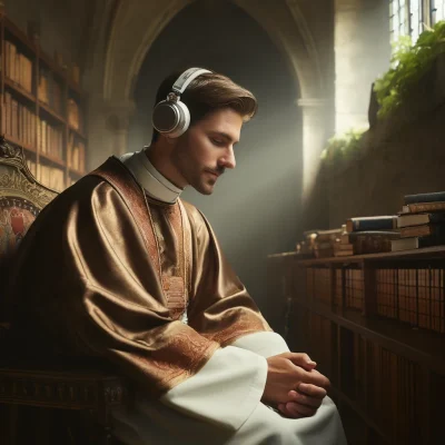 DALL·E 2024-04-02 15.06.59 - Imagine a serene and profound scene that captures the fusion of the ancient with the modern_ a Catholic priest, dressed in his traditional vestments,